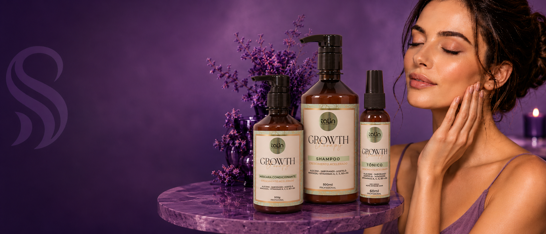 Produtos Santanna Cosméticos com modelo em cenário roxo